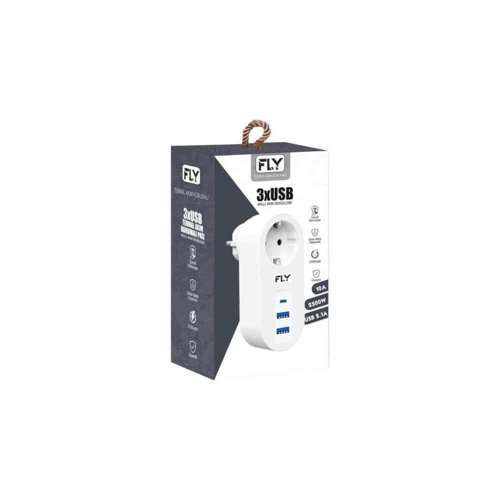 FLY 3400-01, 1 Soket, 2 USB, 1 Type-C, Akım Korumalı Priz, 2.1A, (Beyaz)