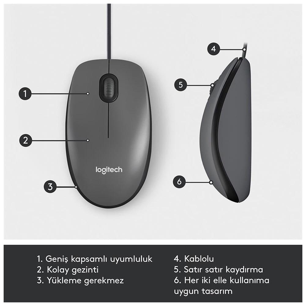 LOGITECH 910-006652, M100 Siyah, USB Kablolu, 1000dpi, Optik, 3 Tuşlu, Mouse