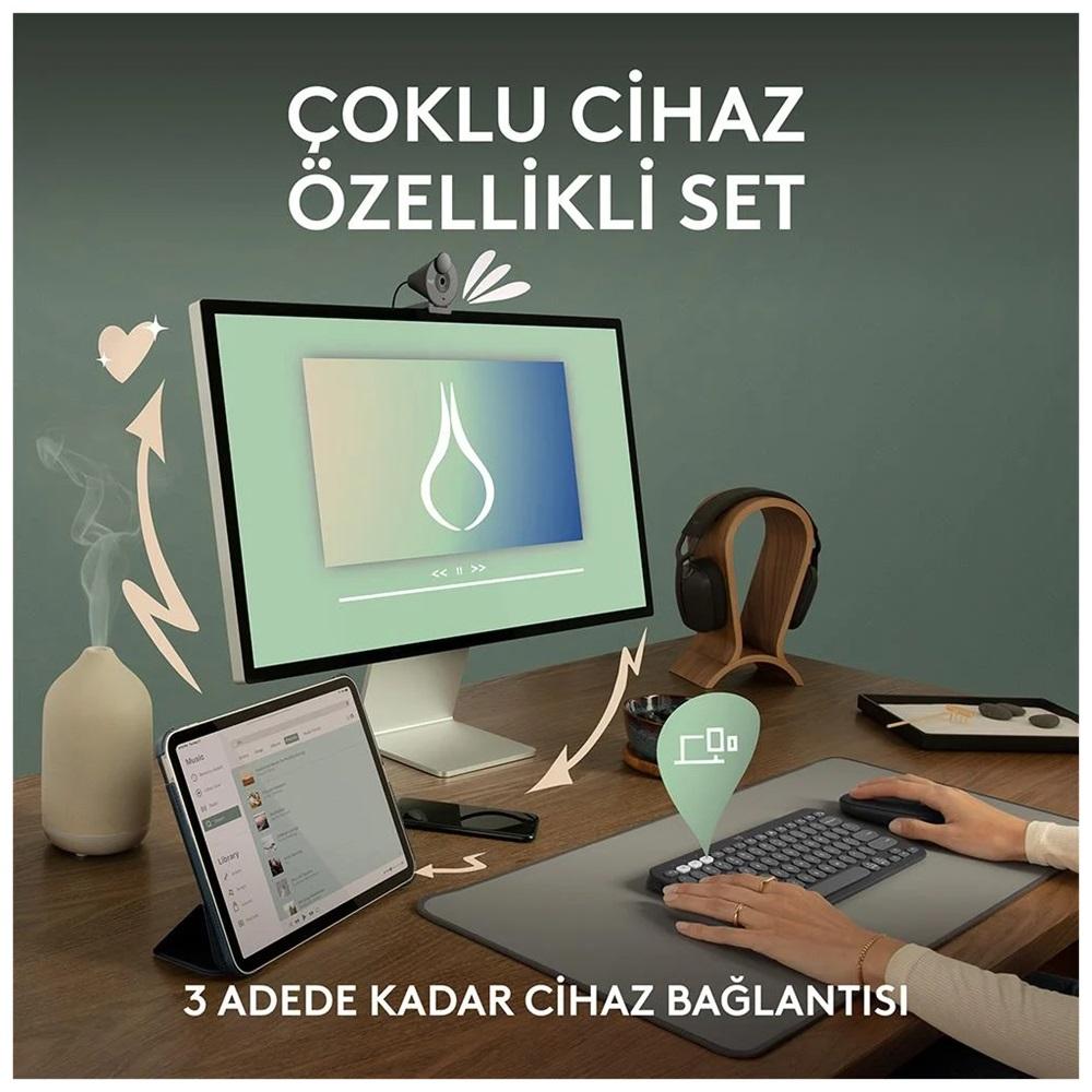 LOGITECH Pebble 2 Combo, Grafit, 920-012245, Bluetooth, Türkçe, Q, Multimedya, Mini Klavye Mouse Set