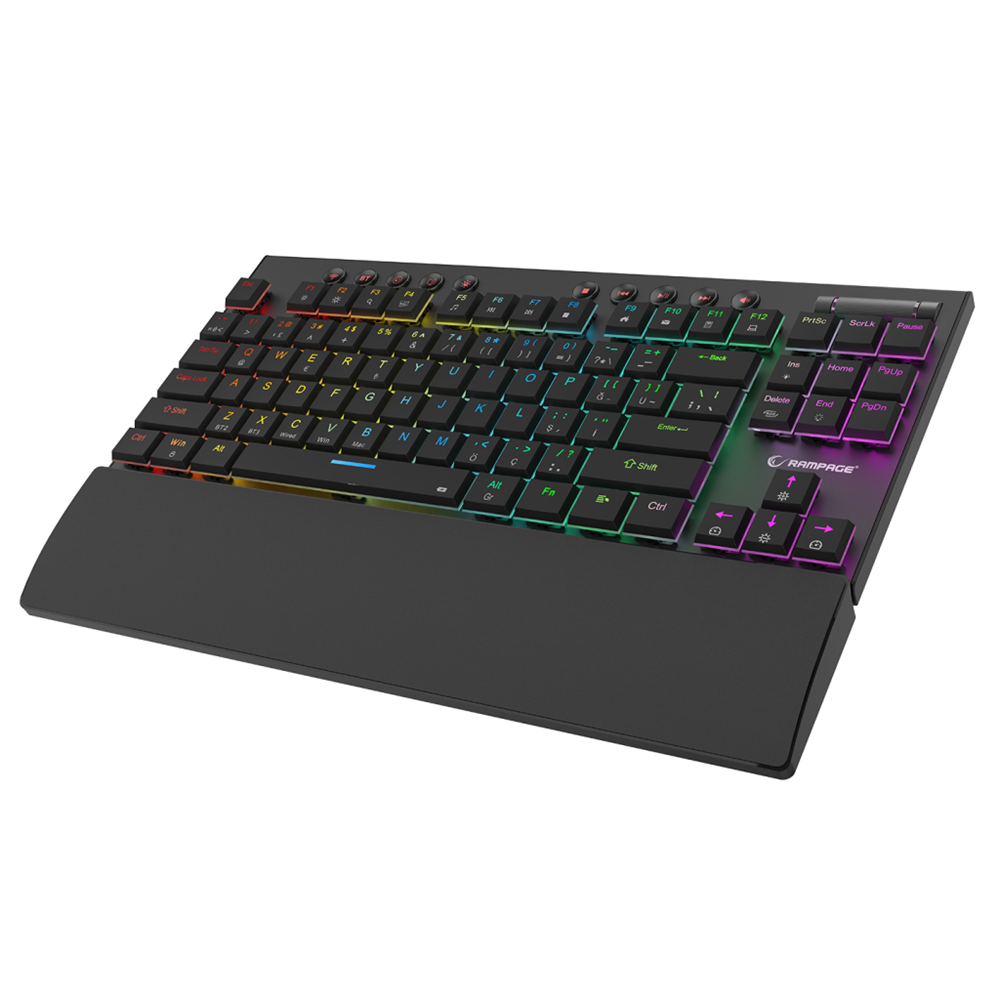 RAMPAGE BERU, Siyah, 2.4Ghz ve Bluetooth Kablosuz, RGB Lighting, RED Mekanik Switch, ABS Case, 1000mAh Bataryalı Gaming Klavye