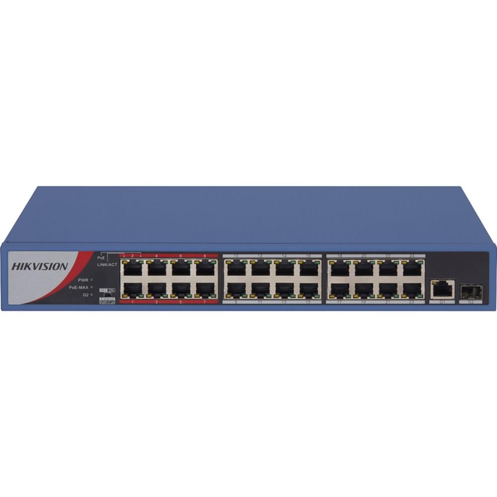 HIKVISION DS-3E0326P-E/M(B), 26 Port, MegaBit, 24 Port PoE, 250W, +1 Port GigaBit Uplink, +1 Port GigaBit SFP, Yönetilemez, Rack Mount Switch