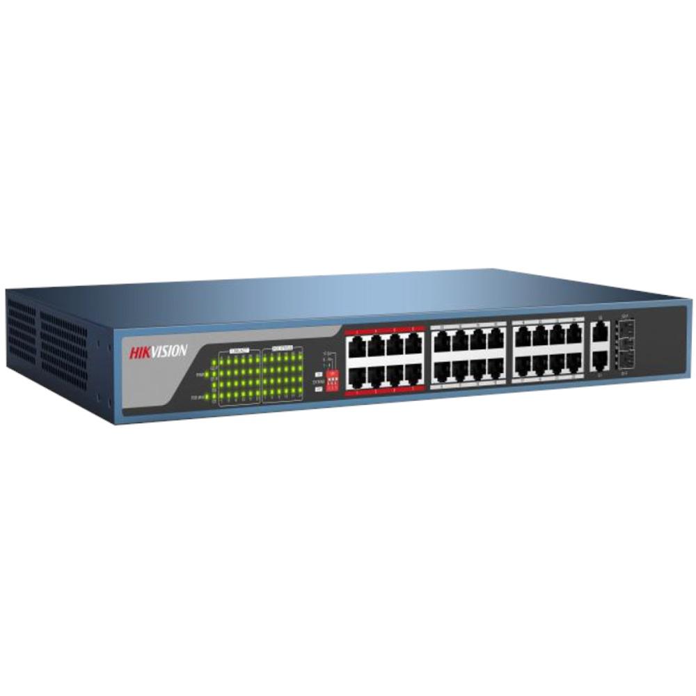 HIKVISION DS-3E0326P-E/M(B), 26 Port, MegaBit, 24 Port PoE, 250W, +1 Port GigaBit Uplink, +1 Port GigaBit SFP, Yönetilemez, Rack Mount Switch