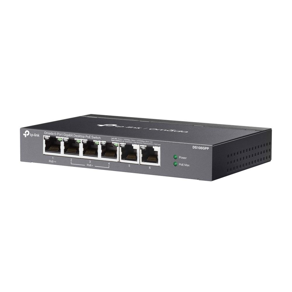 OMADA DS106GPP, 6 Port Gigabit, 3 Port Gigabit PoE+, 64W, 1 Port Gigabit PoE++, Yönetilemez, Metal Kasa Masaüstü Sessiz Switch