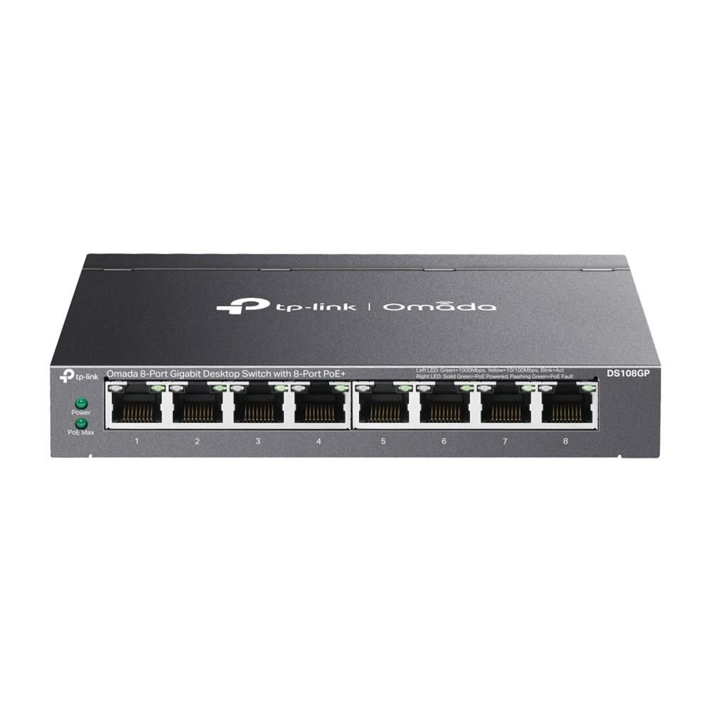 OMADA DS108GP, 8 Port Gigabit, 8 Port Gigabit PoE+, 65W, Yönetilemez, Masaüstü/Vesa Metal Kasa Sessiz Switch