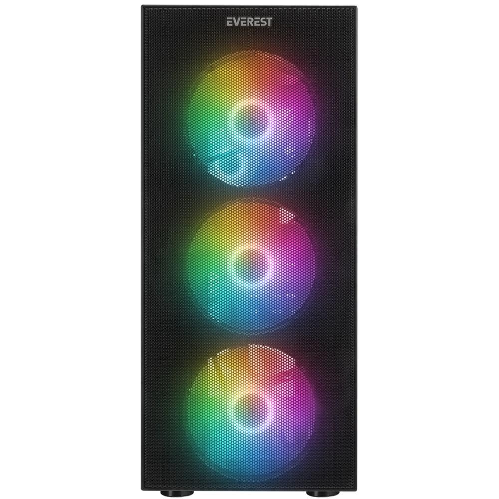 EVEREST FACED-V1, Mesh, Power YOK, 4x12cm Sabit Rainbow Fan, Temperli Cam Yan Panel, ATX, GAMING KASA