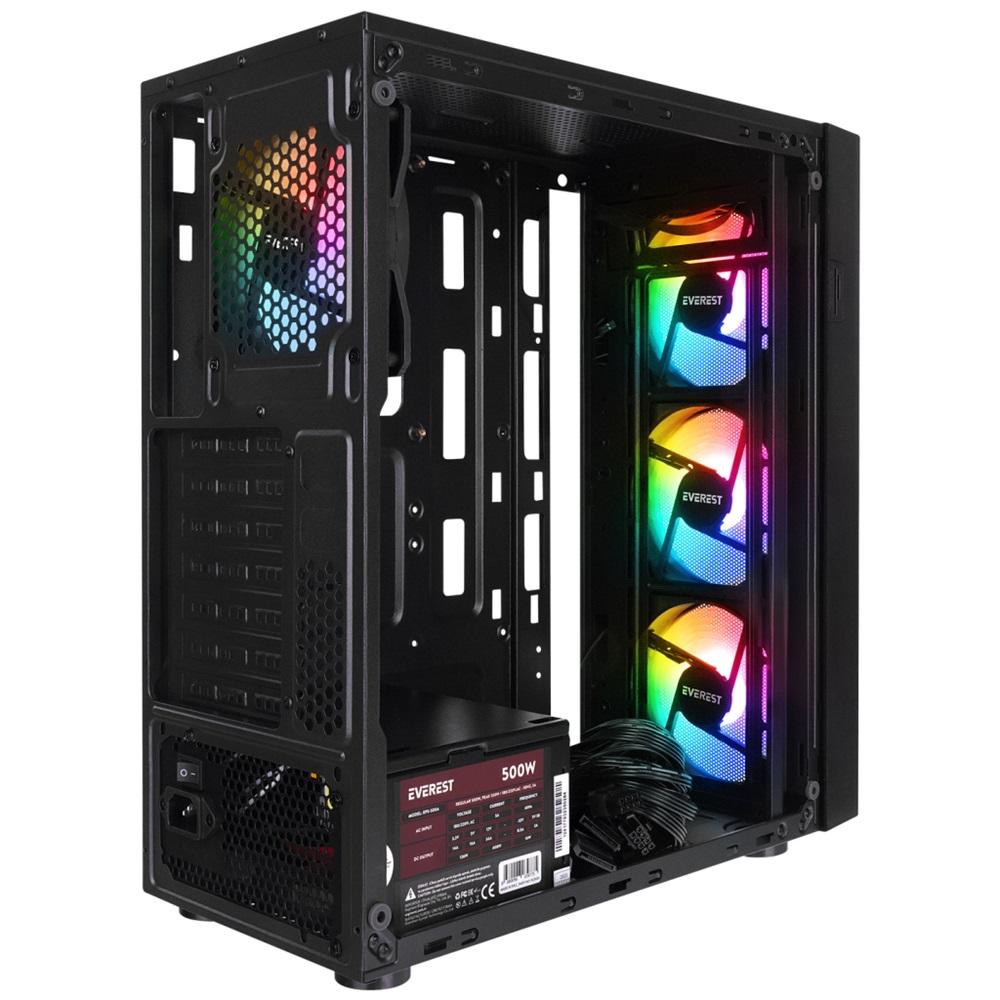 EVEREST FACED-V3, Mesh, 500W, 4x12cm Sabit Rainbow Fan, Temperli Cam Yan Panel, ATX, GAMING KASA