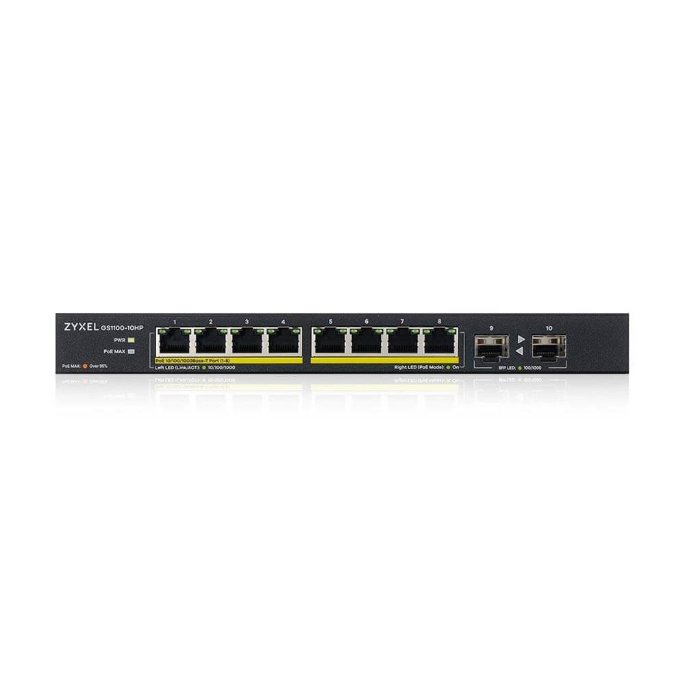 ZyXEL GS1100-10HP, 8 Port, Gigabit, 8Port PoE 130W +2Port GigaBit SFP, Yönetilemez, Masaüstü Switch