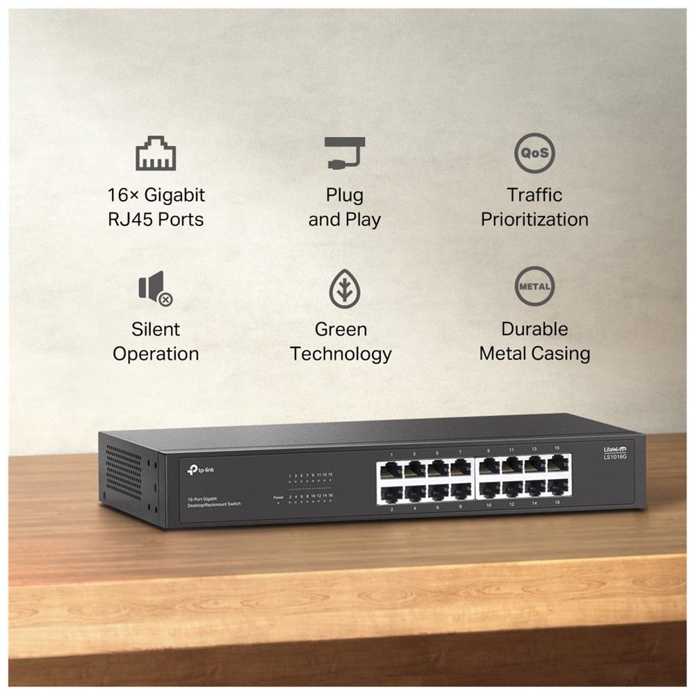 TP-LINK LS1016G, Green Tech, 16 Port GigaBit, Yönetilemez, Metal Kasa, Masaüstü Switch