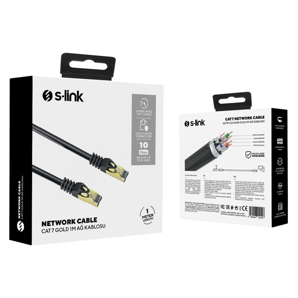 S-LINK MM-CAT701, CAT7, Patch, 1Mt, Gold Uçlu, FTP, CCA, Ağ Bağlantı Kablosu (Siyah)