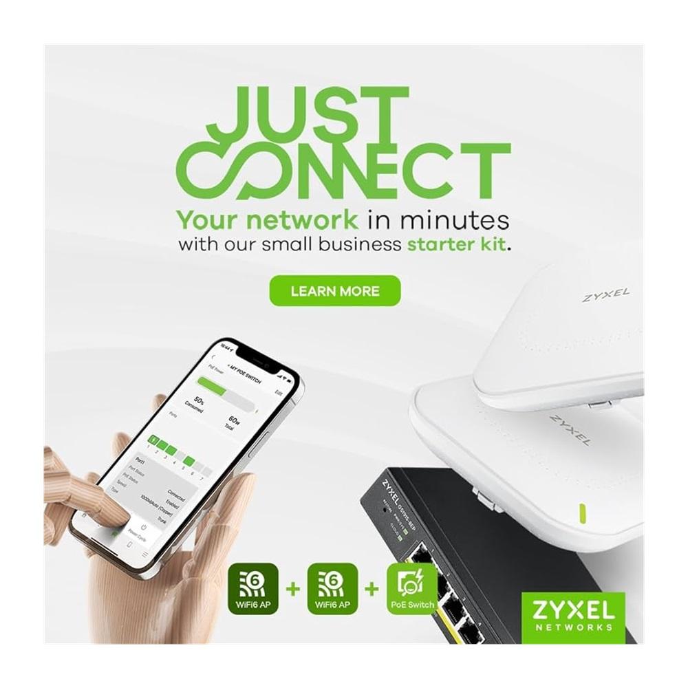 ZYXEL NEBULA STARTER Kit, 1x GS1915-8EP 8 Port Poe Yönetilebilir Fiber Switch, 2x NWA90AX DualBand, WiFi6, Poe Access Point