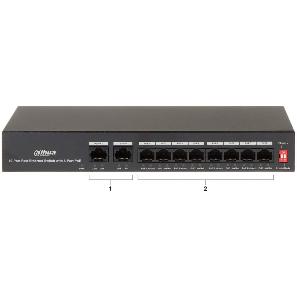 DAHUA PFS3010-8ET-65, 8 Port, MegaBit, 8 Port PoE, 65W, +2 Port MegaBit Uplink, Yönetilemez, Masaüstü Switch