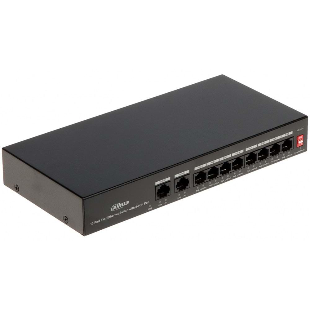 DAHUA PFS3010-8ET-65, 8 Port, MegaBit, 8 Port PoE, 65W, +2 Port MegaBit Uplink, Yönetilemez, Masaüstü Switch