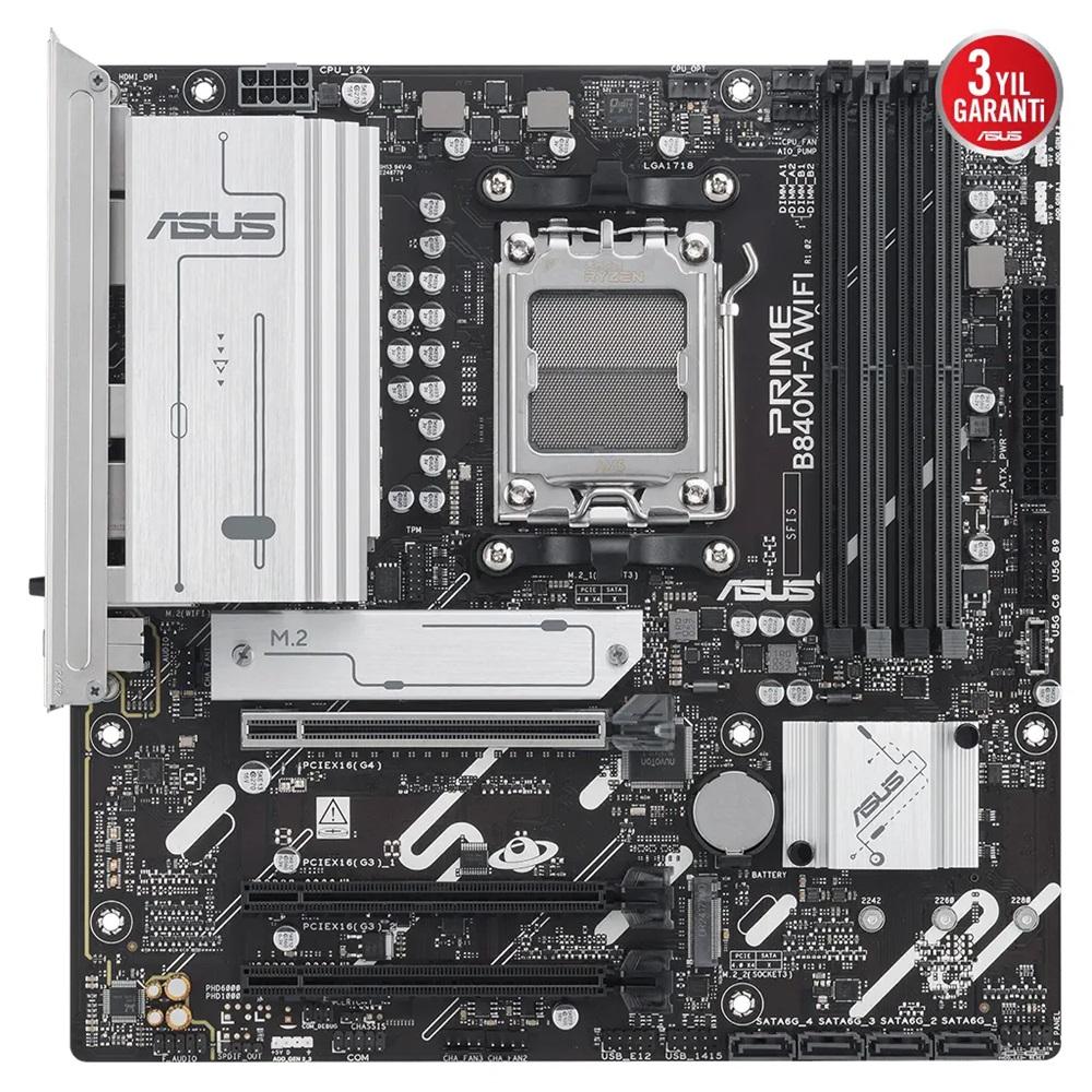 ASUS PRIME B840M-A WIFI, 4xDDR5, 3x M.2, HDMI, 2x DP, Type-C, WI-FI 6E, Bluetooth 5.3, AM5 Soket GAMING Anakart
