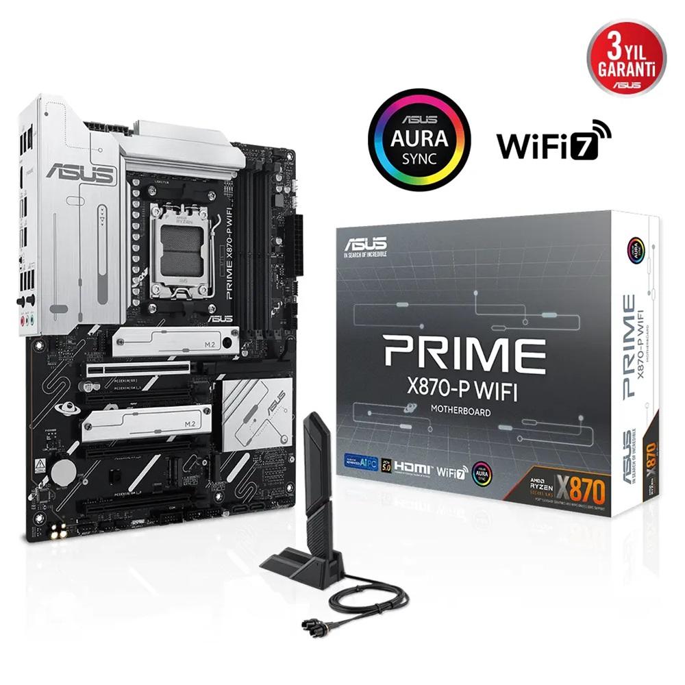 ASUS PRIME X870-P WIFI, 4xDDR5, 4xM.2, HDMI, DP, Type-C, Wi-Fi 7, Bluetooth v5.4, AMD Ryzen 9000-8000 ve 7000 Serisi, AM5 Soket Anakart