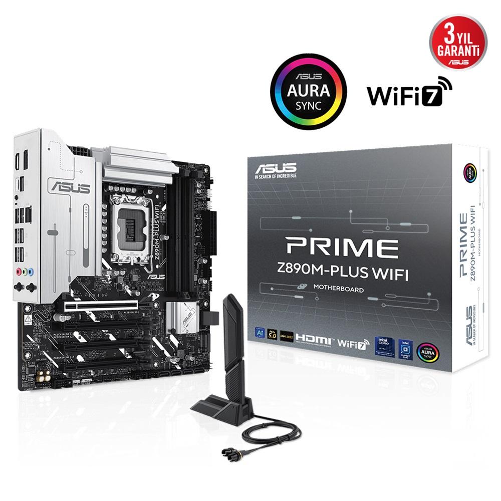 ASUS PRIME Z890M-PLUS WIFI, 7600MHz, 4xDDR5 3x M.2, HDMI, DP, Type-C, Wi-Fi 7, Bluetooth 5.4, Intel Core Ultra CPU(Seri 2), LGA1851 Soket, Gaming Anakart