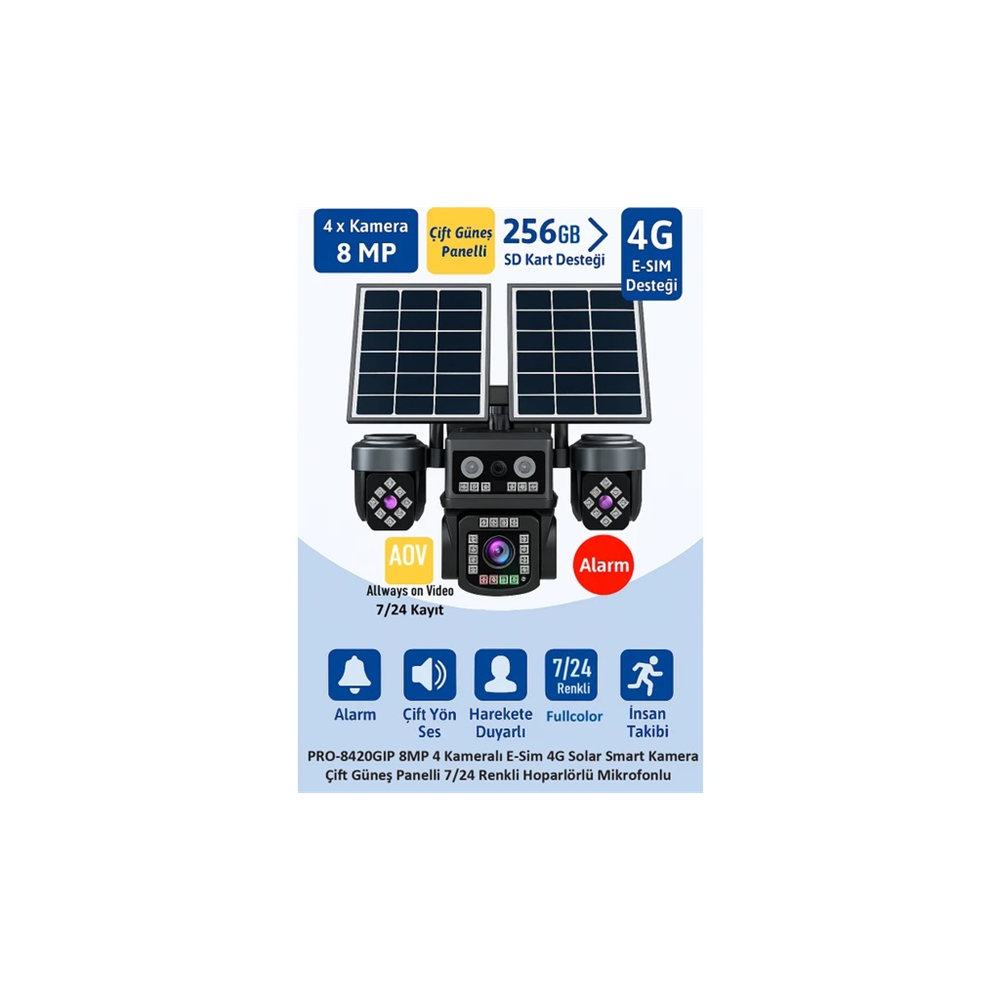 BALANDI PRO-8420GIP 8MP 4 Kameralı 4G AOV ESIM Solar Kamera, HIEASY Yazılım