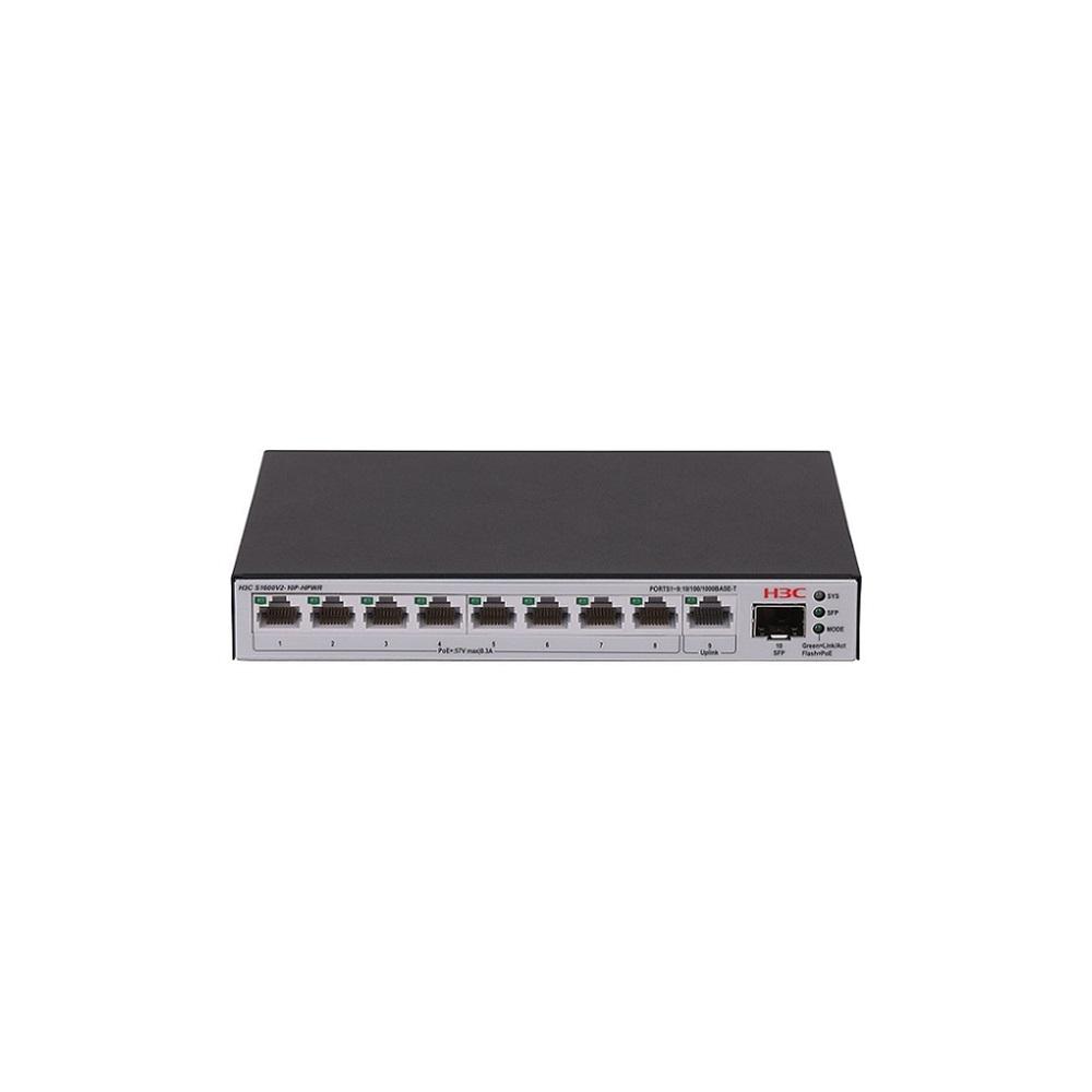 H3C S1600V2-10P-HPWR, 8 Port, GigaBit, PoE 125W, L2, 1 Port GigaBit Uplink, 1 Port GigaBit SFP, Web Yönetilebilir, Masaüstü Switch