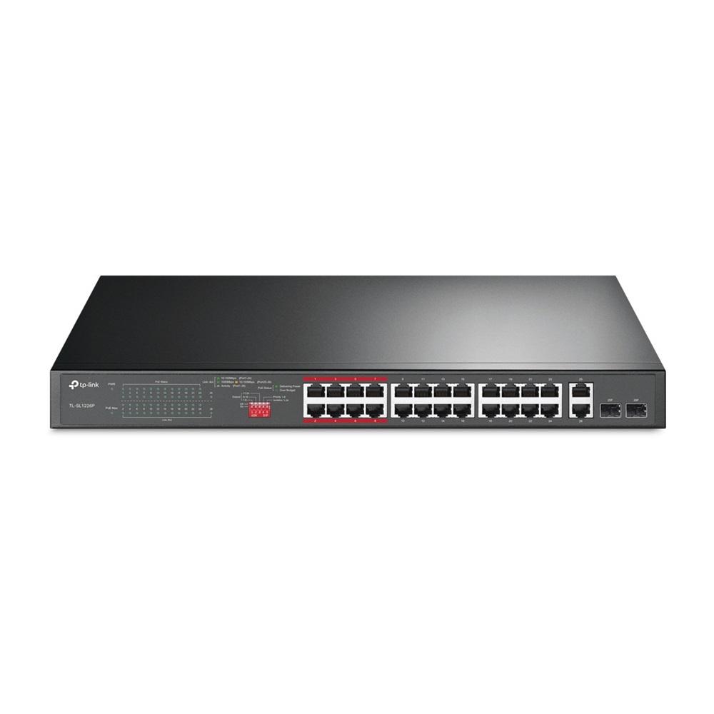 TP-LINK TL-SL1226P, 24 Port Poe, Megabit, + 2port Combo Gigabit SFP, 250W, Yönetilemez, Rackmount Switch