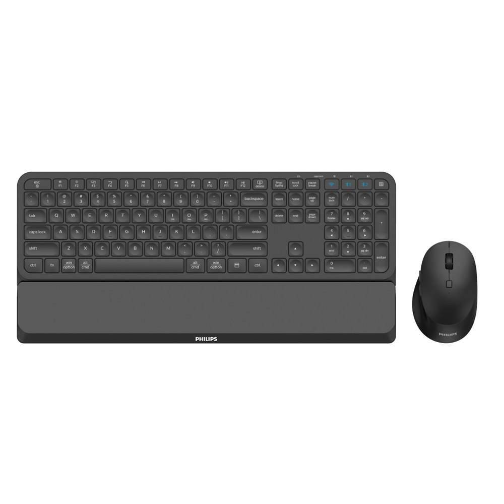 PHILIPS SPT6607B, Siyah, Türkçe Q, 2.4Ghz ve Bluetooth Kablosuz, Bilek Destekli, Multimedya Klavye Mouse Set