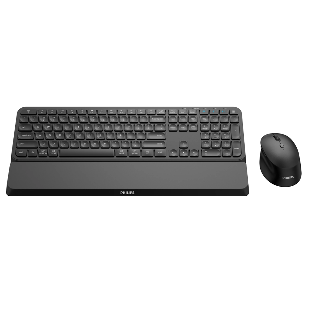 PHILIPS SPT6607B, Siyah, Türkçe Q, 2.4Ghz ve Bluetooth Kablosuz, Bilek Destekli, Multimedya Klavye Mouse Set