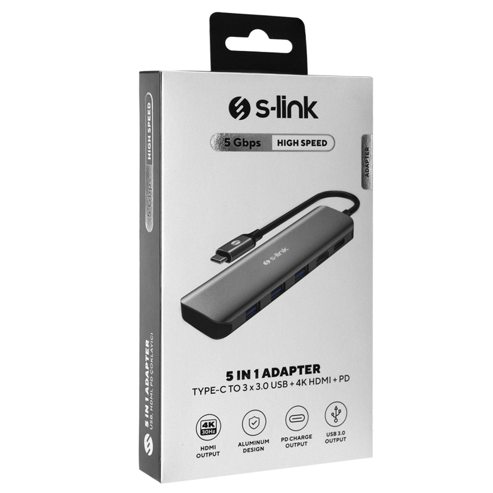S-LINK SWV-USBC030, Type-C to HDMI, 3xUSB3.0, 1xPD Metal, USB HUB ve Çevirici