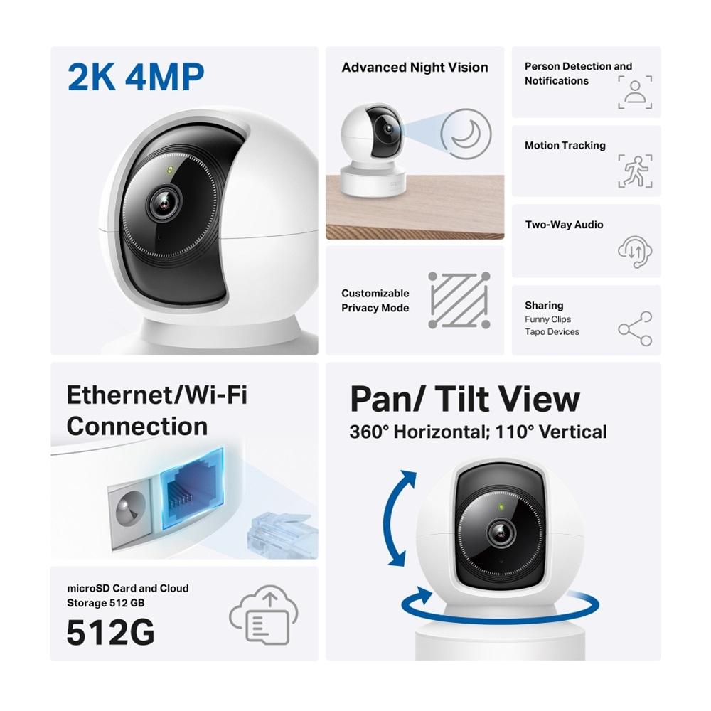 TP-LINK Tapo C222, 4,0Mpix, İç ve Dış Mekan, Wifi-Ethernet, 12Mt. Gece Görüşü, 360 Dönüş, Dikey ve Yatay Hareket, İki Yönlü Ses, Yapay Zeka Destekli Güvenlik Kamerası