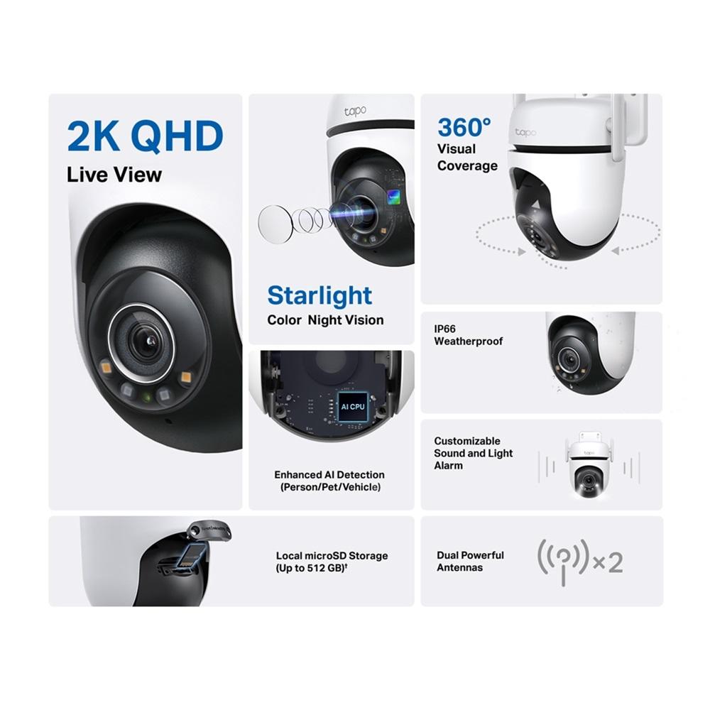 TP-LINK Tapo C520WS, 2K QHD, Yatay Dikey Dış Mekan IP66, WiFi, Renkli Gece Görüşü, İki Yönlü Ses Güvenlik Kamerası