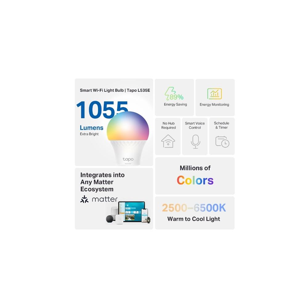 TP-LINK Tapo L535E, Wi-Fi, 75W, 1055 Lümen, Çok Renkli, Akıllı Ampul