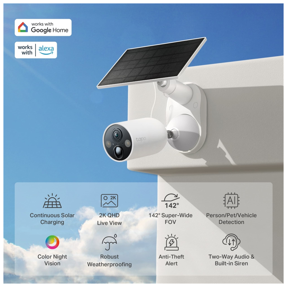 TP-LINK Tapo TC85 KIT (C425 KIT), 2K QHD, 4,0Mpix, Dış Mekan, IP66, WiFi, 15Mt. Renkli Gece Görüşü, İki Yönlü Ses, Yapay Zeka Destekli, Güneş Enerjili Güvenlik Kamerası Kiti