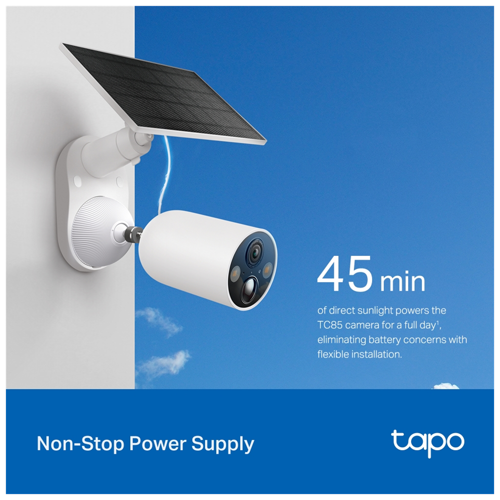 TP-LINK Tapo TC85 KIT (C425 KIT), 2K QHD, 4,0Mpix, Dış Mekan, IP66, WiFi, 15Mt. Renkli Gece Görüşü, İki Yönlü Ses, Yapay Zeka Destekli, Güneş Enerjili Güvenlik Kamerası Kiti