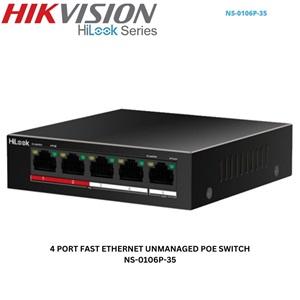 HILOOK NS-0106P-35(B), 5 Port, Megabit, 4 Port PoE, 60W, +2 Port Megabit Uplink, Long Range 250Metre, Yönetilemez, Masaüstü Switch