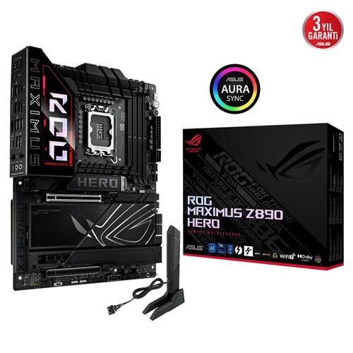 ASUS ROG MAXIMUS Z890 HERO, 8800MHz, 4xDDR5, 6x M.2, HDMI, 2xThunderbolt, 4xType-C, Wi-Fi 7, Bluetooth 5.4, Intel Core Ultra CPU(Seri 2), LGA1851 Soket, Gaming Anakart